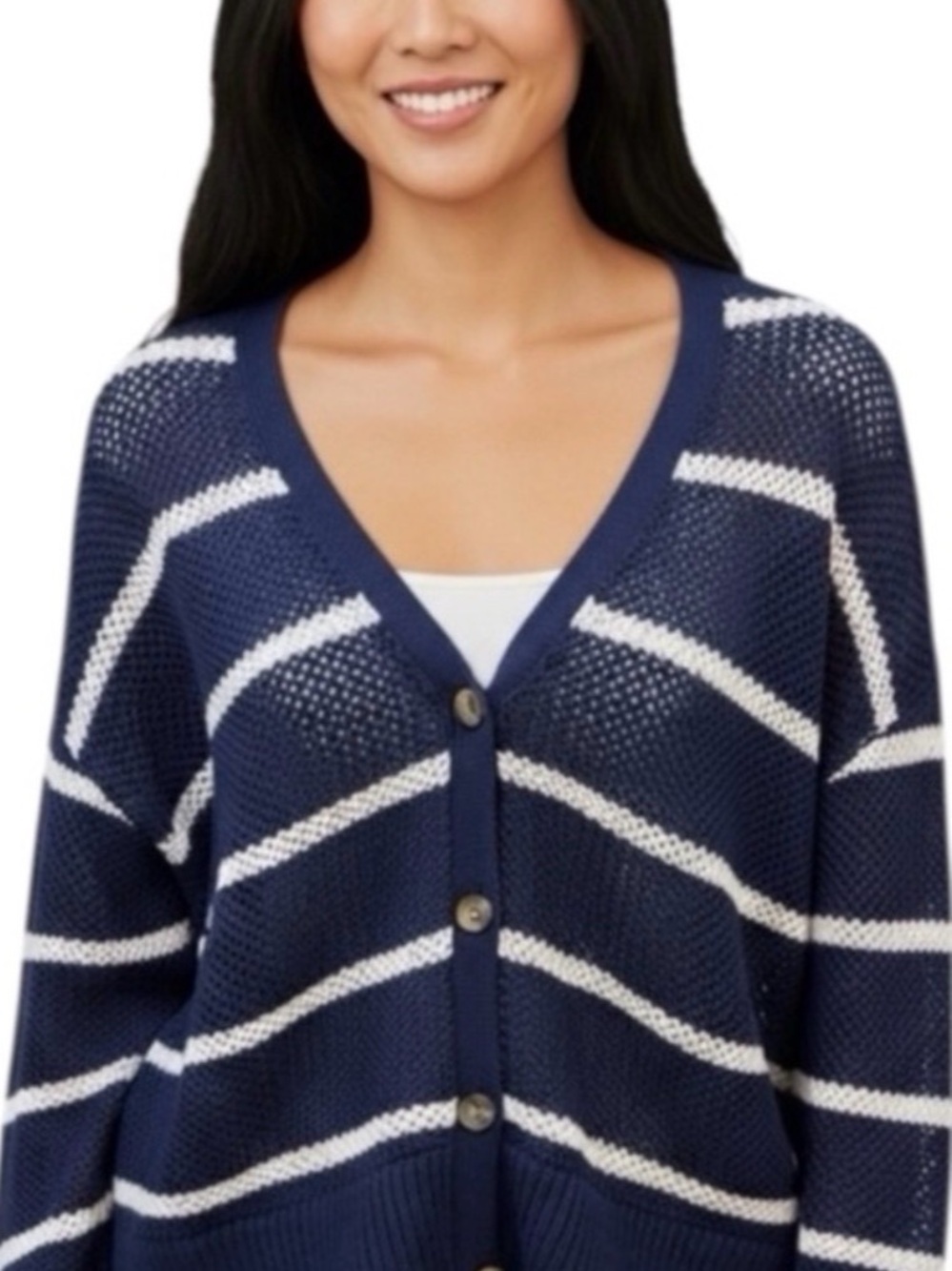 Old Navy Navy and White Striped V-Neck Button Cardigan